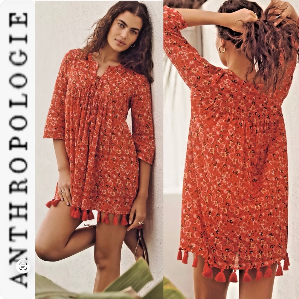 NEW Anthropologie Ro's Garden Seychelles tunic tassel dress Red Poppy S
